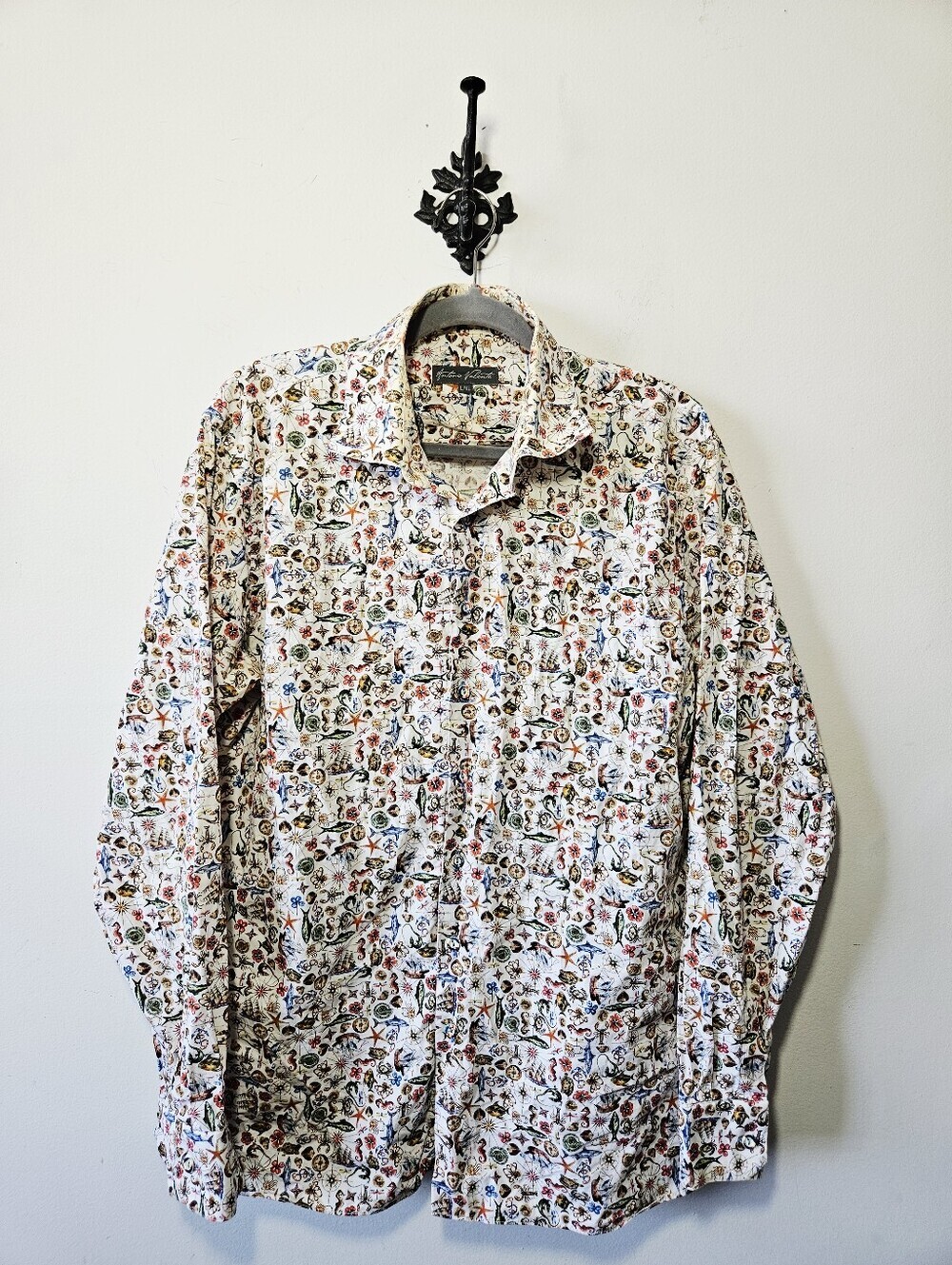 Antonio Valente Nautical Print Button Up Dress Shirt Size L/XL Fish Ocean Shark